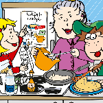 Comic-Zeichnung von Katja und Max, die mit ihrer an Alzheimer erkrankten Oma Pfannkuchen backen.