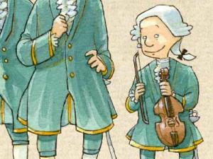 Ein Junge in Barock-Kleidung mit einer Geige in der Hand