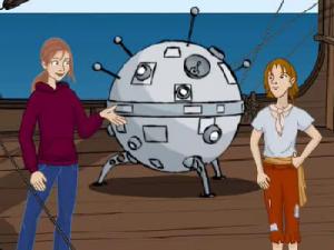 Ein Zeichentrickmädchen unterhält sich auf einem Holzschiff mit einem Jungen