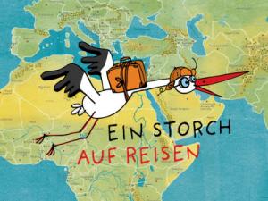 Ein Cartoon-Storch fliegt über eine Landkarte Afrikas