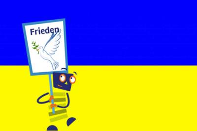 Das Seitenstark-Maskottchen auf der Ukraine-Flagge mit Frieddens-Schild