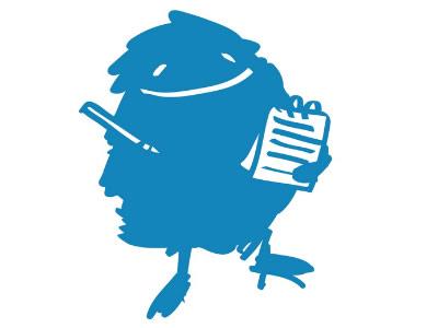 Das blaue Zeitungsmonster Duda mit Stift und Notizblock