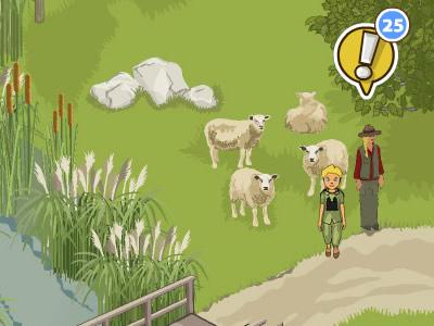 Das Junior-Ranger-Spiel Schafe und zwei Figuren in einem Naturcomputerspiel