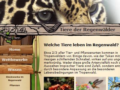 Regenwald schützen / Oro Verde - Kinderseite Ein Screenshot von regenwald-schuetzen.org mit Jaguaraugen