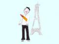 Versuche französisch zu sprechen mit Text und Ton Franzose mit Baguette vor dem Eiffelturm in Paris